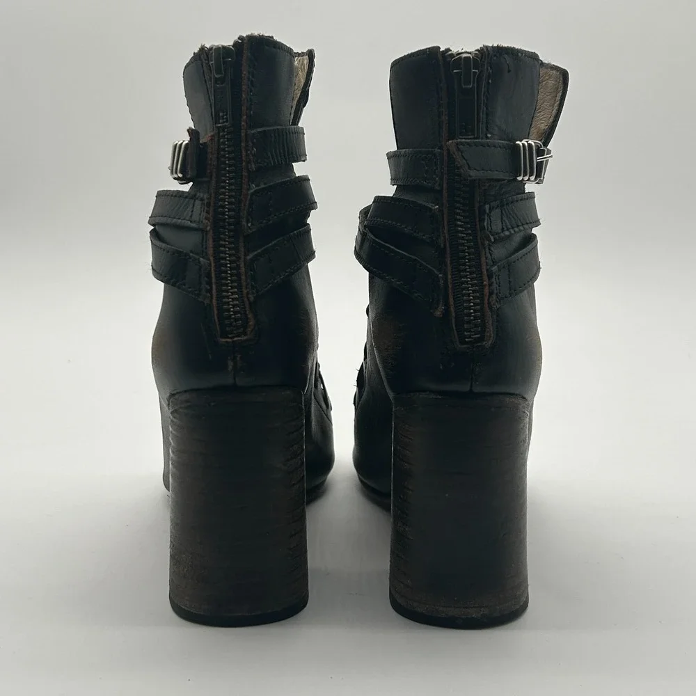 Freebird Steven Eagle Black Leather Open Toe Braid Ankle Boots Womens Size 8